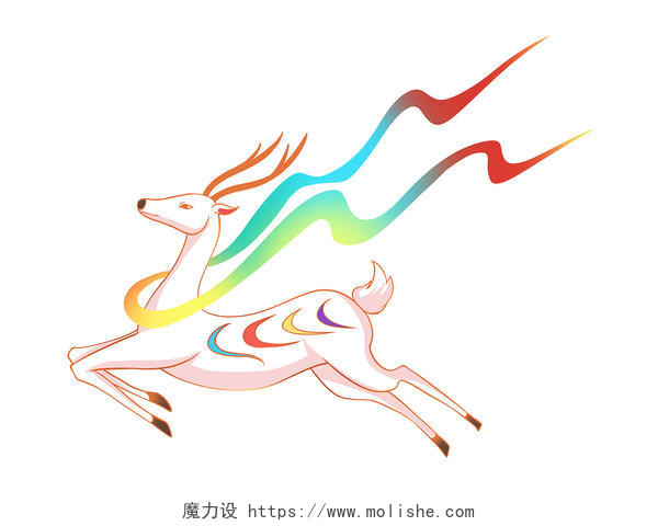 彩色手绘卡通国潮风七色鹿动物国潮元素PNG素材
